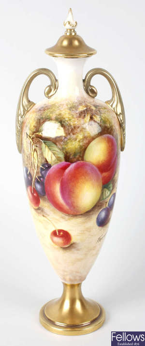 A Royal Worcester fruit painted porcelain twin handled vase