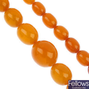 A late 19th century amber bead necklace.