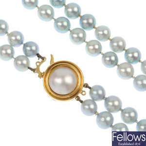 A dyed cultured pearl two-row necklace, with 18ct gold clasp.