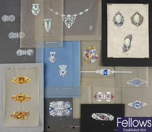 A selection of jewellery illustrations and design cards.