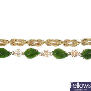 A carved nephrite jade leaf bracelet and a knot bracelet.