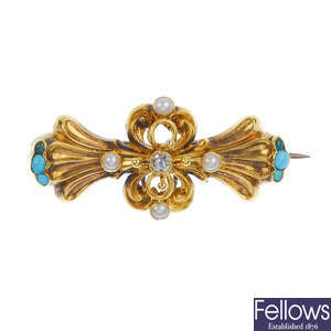 A late 19th century 15ct gold turquoise, pearl and diamond brooch, circa 1870.