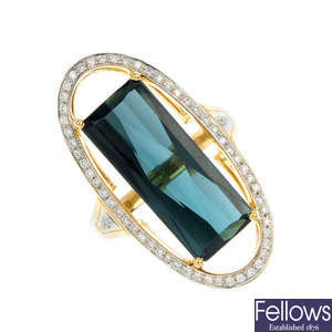 An 18ct gold tourmaline and diamond dress ring.