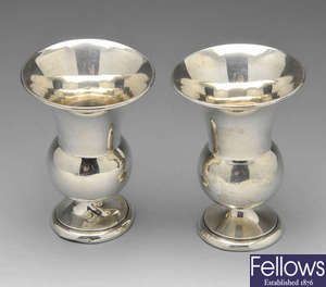 An Edwardian pair of small silver vases & a small tazza.