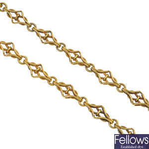 A mid 20th century 18ct gold continental fancy-link chain.