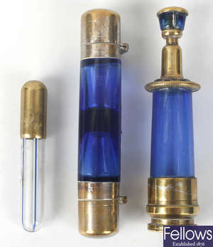 Two 'Bristol'  blue glass scent bottles plus another