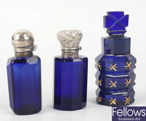 Three 'Bristol' blue glass scent bottles