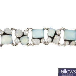 A multi-gem bracelet and a turquoise and rose quartz bracelet, AF.