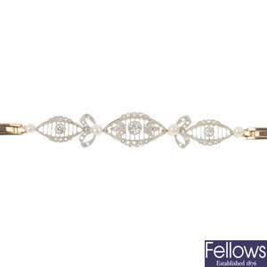 An early 20th century 15ct gold diamond and seed pearl bracelet. 