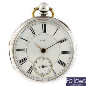 A silver cased open face pocket watch and key by Joseph Jacobs.