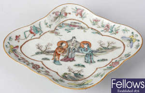 A 19th century Chinese Canton famille rose porcelain lozenge-shaped dish