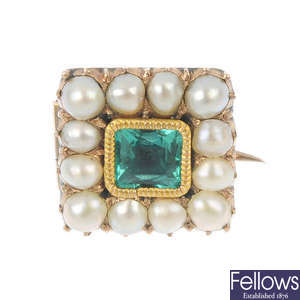 A mid 19th century gold emerald and split pearl cluster brooch.