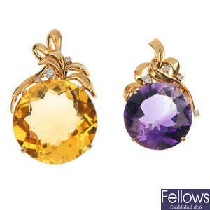 Two 9ct gold diamond and gem-set pendants.