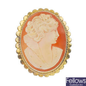 A selection of cameos, to include a 9ct gold cameo brooch.