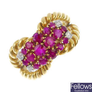A 1960s 18ct gold ruby and diamond dress ring.