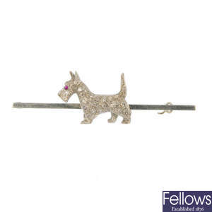 A mid 20th century diamond West Highland Terrier dog bar brooch.