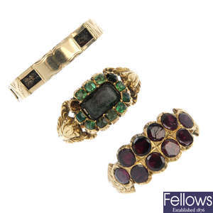 A selection of three mid to late 19th century gold gem-set rings.