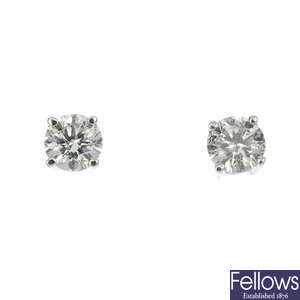 A pair of 9ct gold brilliant-cut diamond single-stone ear studs. 