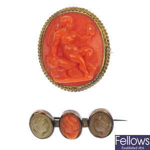Two late 19th century coral and lava brooches