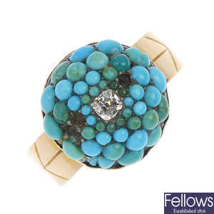 A late 19th century 15ct gold diamond and turquoise ring.