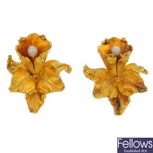 A pair of mid 20th century floral earrings.