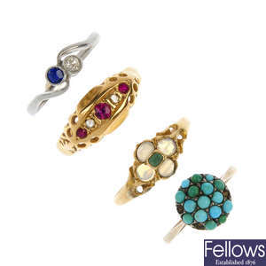 A selection of four late 19th to early 20th century gem-set rings.