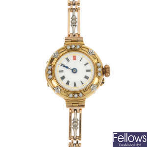 A lady's early 20th century 15ct gold split pearl manual wind wrist watch.