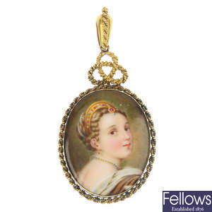 A late 19th century 18ct gold porcelain locket pendant.