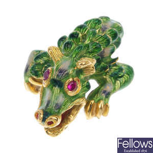 A 1980s ruby and enamel dragon ring.