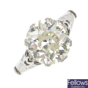 A mid 20th century platinum diamond single-stone ring.
