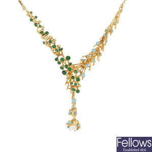 A cultured pearl and enamel necklace.