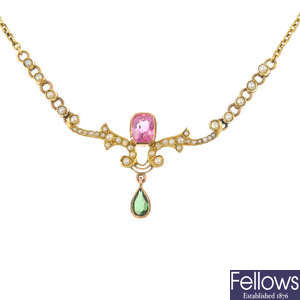 An early 20th century 9ct gold gem-set and split pearl necklace. 
