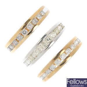 A selection of six 9ct gold diamond half-circle eternity rings.