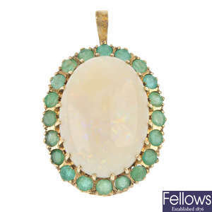 A 9ct gold opal and emerald cluster pendant.