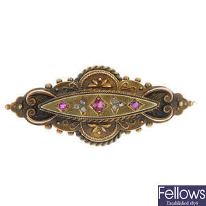 A late Victorian 15ct gold ruby and diamond brooch.