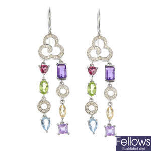 A pair of diamond and multi-gem ear pendants.
