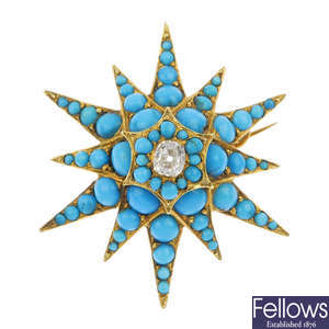 A late Victorian 15ct gold turquoise and diamond star brooch, circa 1880. 