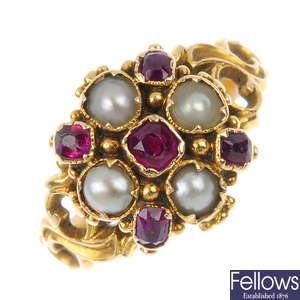 A mid Victorian 15ct gold ruby and split pearl ring.