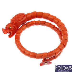 A late 19th century coral sea serpent coral bracelet.
