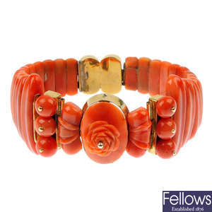 A late 19th century carved coral bangle.