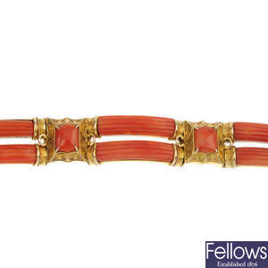 A mid 19th century 9ct gold coral bracelet.