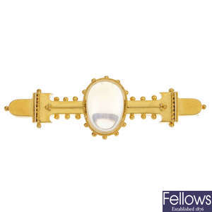 A late Victorian gold moonstone brooch.