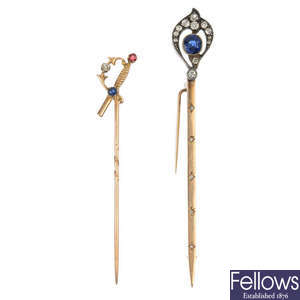 Two early 20th century gold gem-set stick pins. 