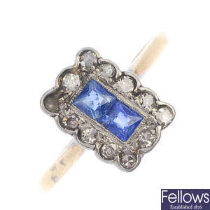 An early 20th century 18ct gold sapphire and diamond ring.