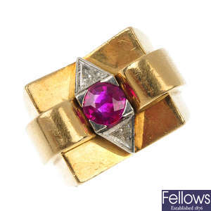 A 1950s 18ct gold ruby and diamond cocktail ring.