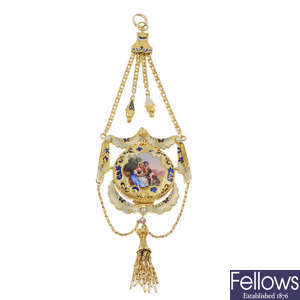 A lady's late 19th century 14ct gold enamel and split pearl fob watch chatelaine.