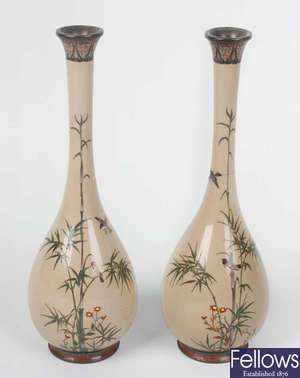 A good pair of signed Japanese Meiji period cloisonne enamel vases