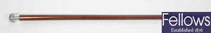 A Chinese white metal-mounted malacca walking stick or cane. 