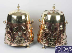Two similar 19th century Dutch brass and copper charcoal or 'doof' buckets