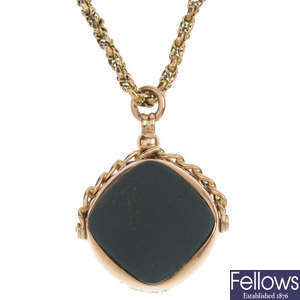 An early 20th century 9ct gold hardstone swivel fob and necklace.